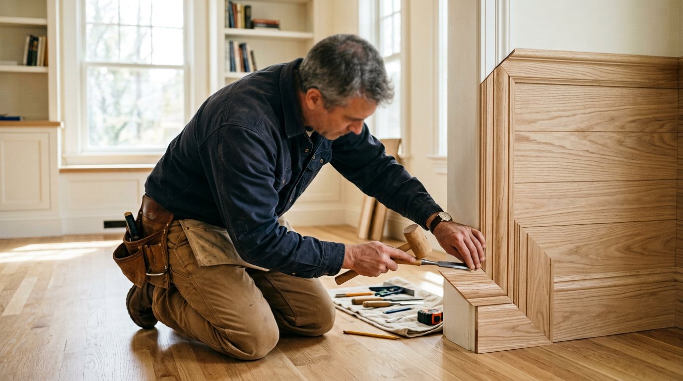 Craftsman installing fine wood trim