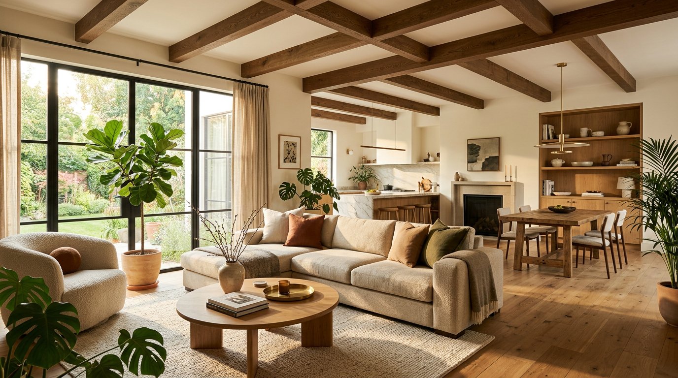 Bright renovated open-plan living room interior