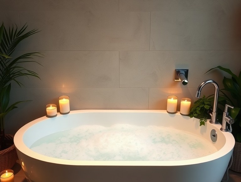 Spa-like bathroom with candles and plants