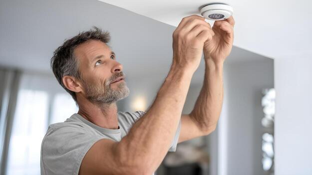 Technician installing a smoke detector in a home