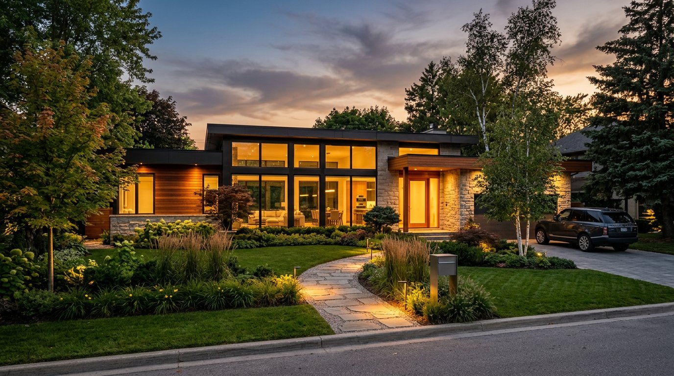 Beautifully renovated modern family home at dusk