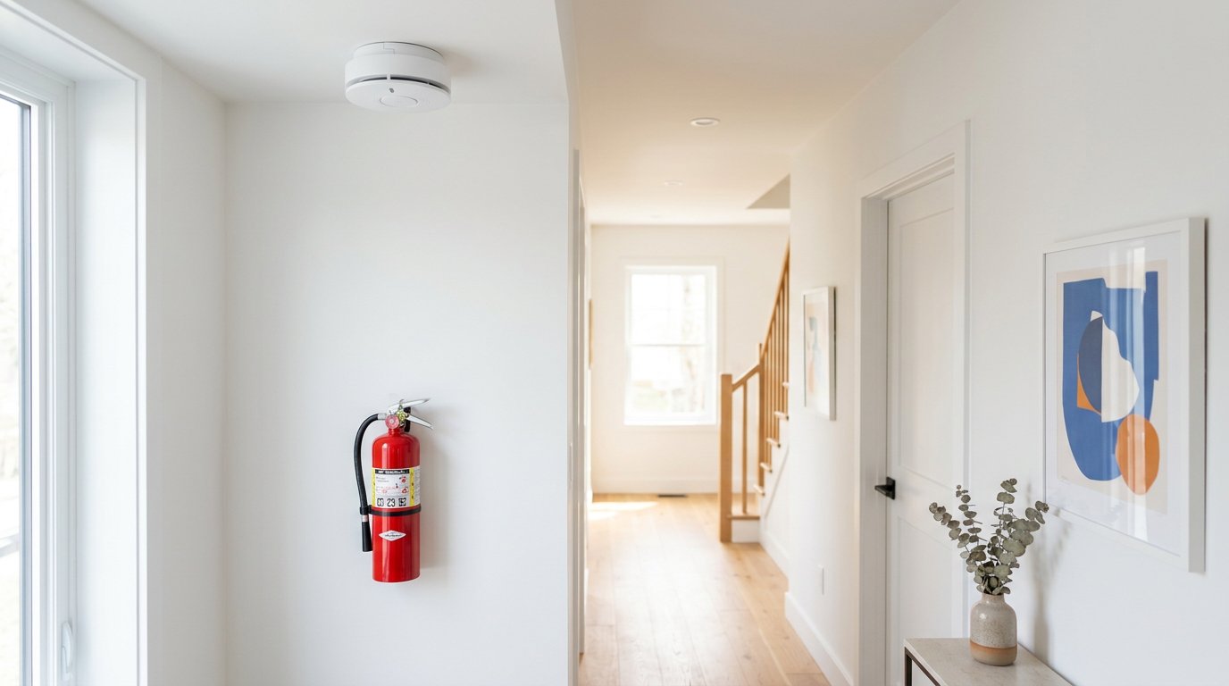 Smoke detector and fire extinguisher in a bright home hallway