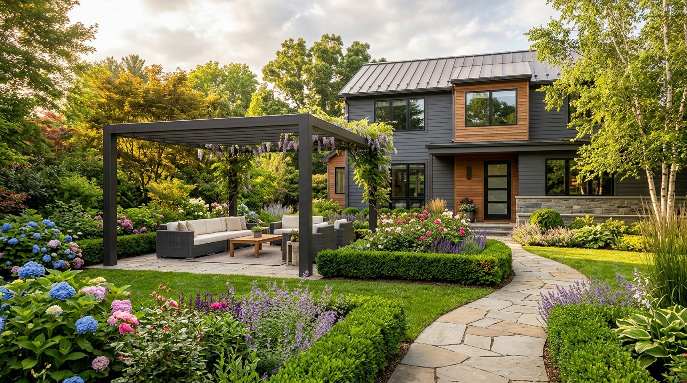 Renovated home exterior with landscaped garden and patio