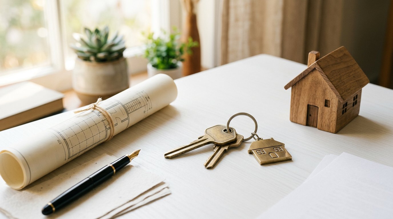 House keys and blueprint representing home loans and warranty