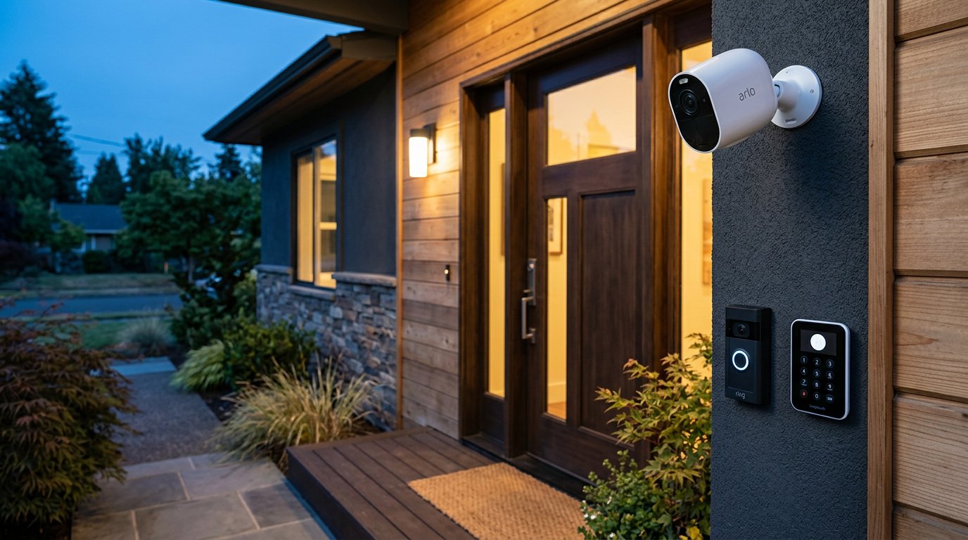 Smart home security camera and video doorbell at a modern entrance