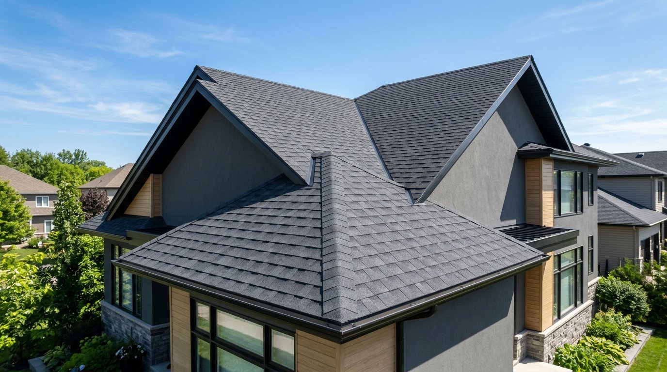 Brand new architectural shingle roof on a suburban home